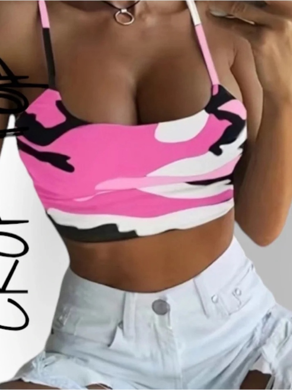 Pink Camo Crop Tank Top with Spaghetti Straps